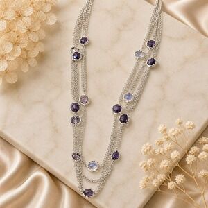 Vintage Chico's Silver Chain Necklace Purple‎ Acrylic Beads Long Layered Y2K